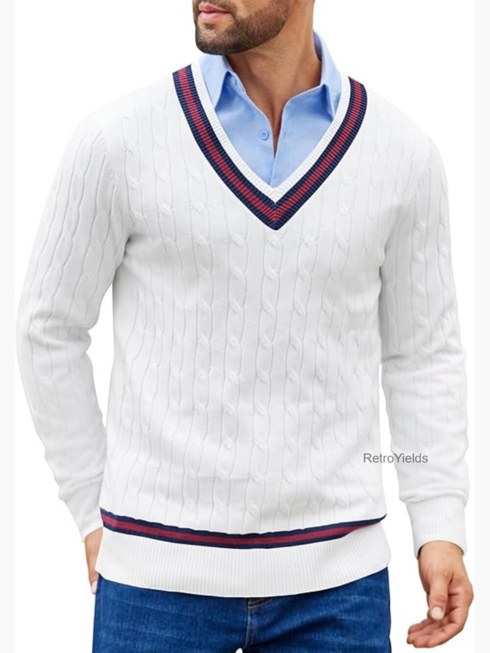 Men's V-Neck Cable Knit Pullover Sweater Long Sleeve Slim Fit